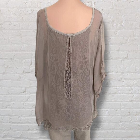 H.Trend Taupe Sheer Silk Romantic Lace-Trim Tunic Blouse - Women's M - Picture 3 of 7